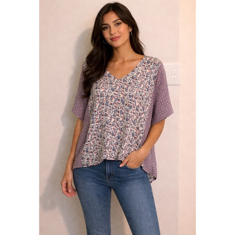Meraki Womens Mixed‎ Floral Geometric Print V-Neck Blouse